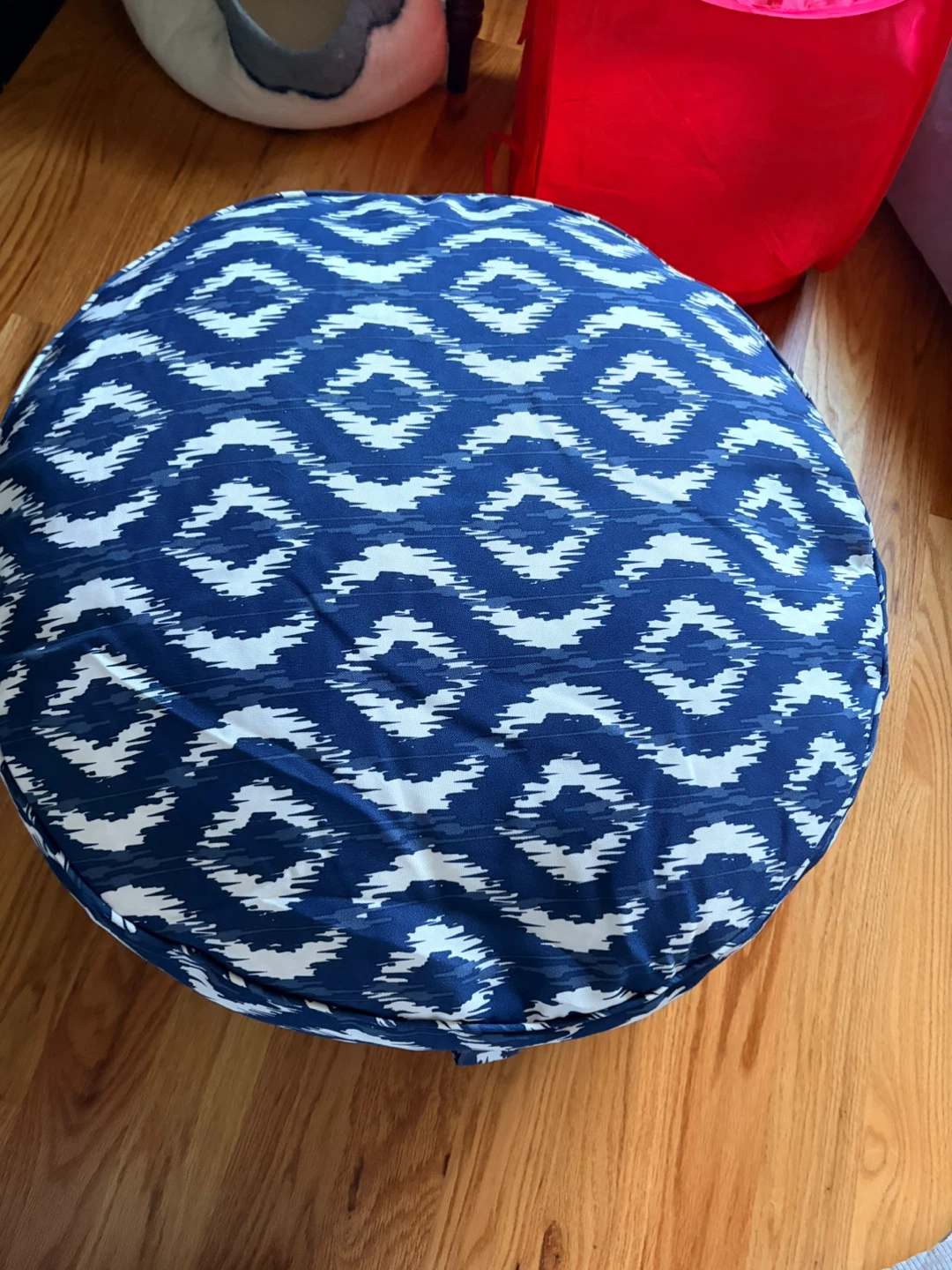 Round Blue and White Ikat Pouf Ottoman - photo 3