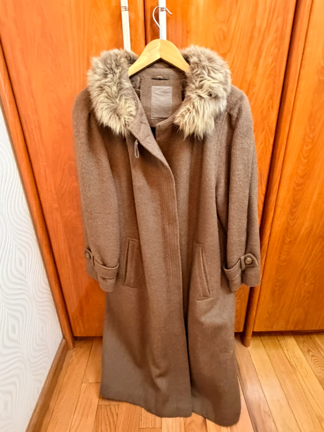 Terra Women's Brown Alpaca Wool Blend Coat with Fur Collar