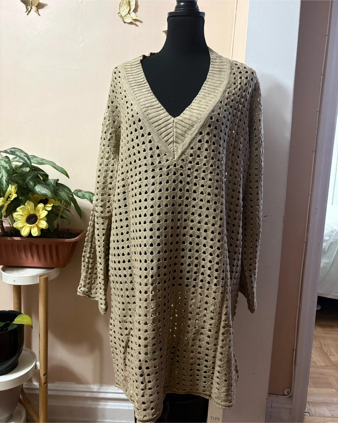 Tan Crochet V-Neck Long Sleeve Sweater Dress Cover-up - photo 4