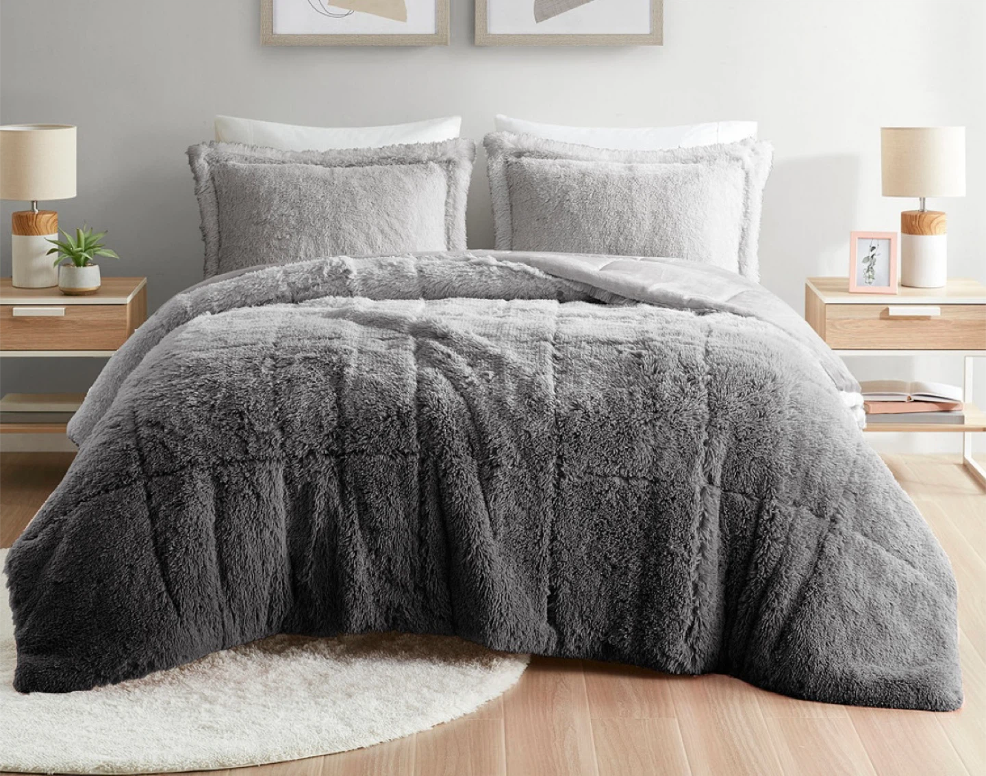 Grey Faux Fur Comforter Set