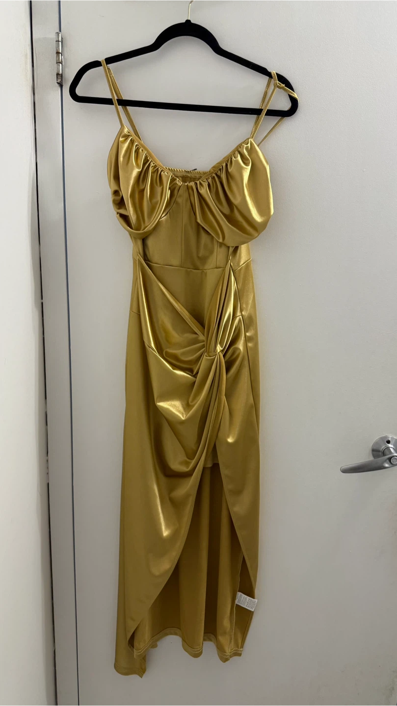 Gold Satin Ruched Midi Dress