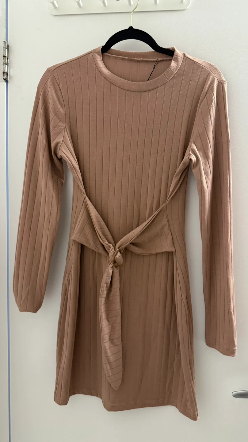 Ribbed Long Sleeve Dress with Tie Waist