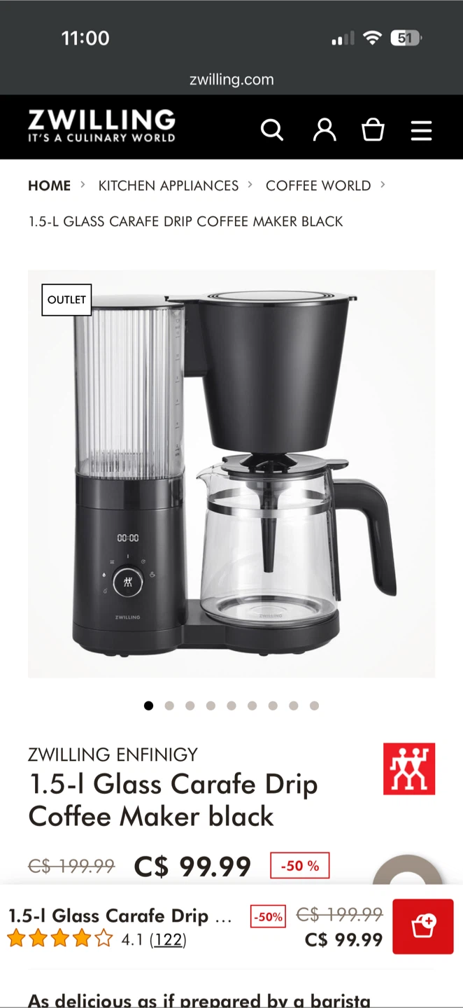 ZWILLING ENFINIGY 1.5L Glass Carafe Drip Coffee Maker - Black - photo 2