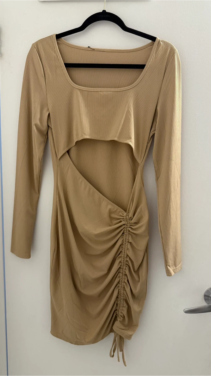 Tan Ruched Drawstring Mini Dress with Cutout