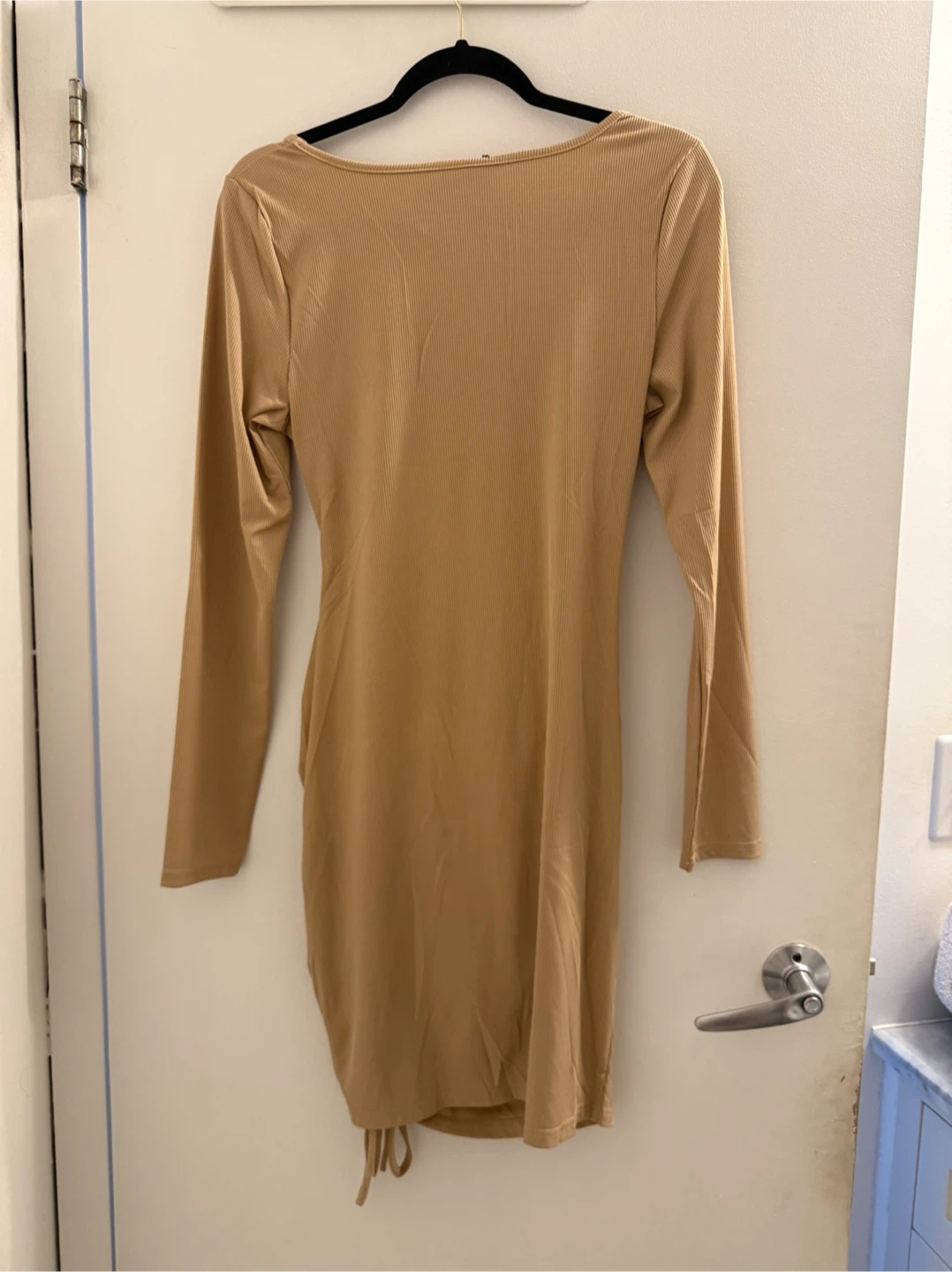 Tan Ruched Drawstring Mini Dress with Cutout - photo 2