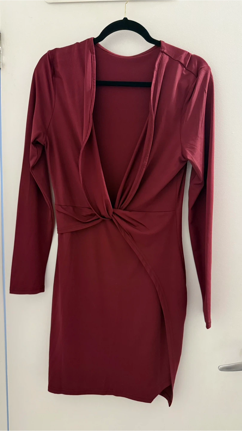 Maroon Long Sleeve Twist Front Mini Dress
