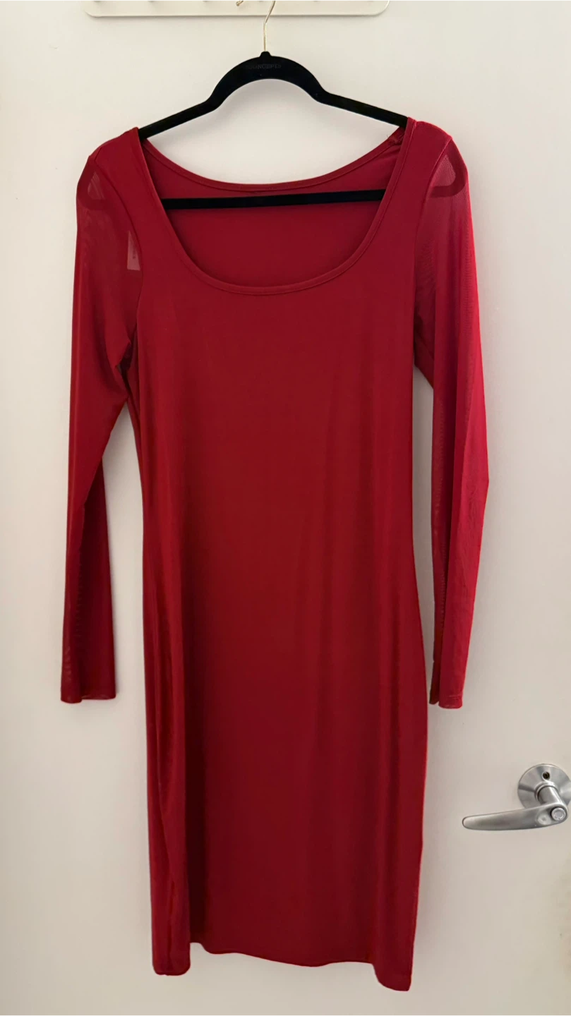 Women's Red Long Sleeve Sheer Mesh Dress
