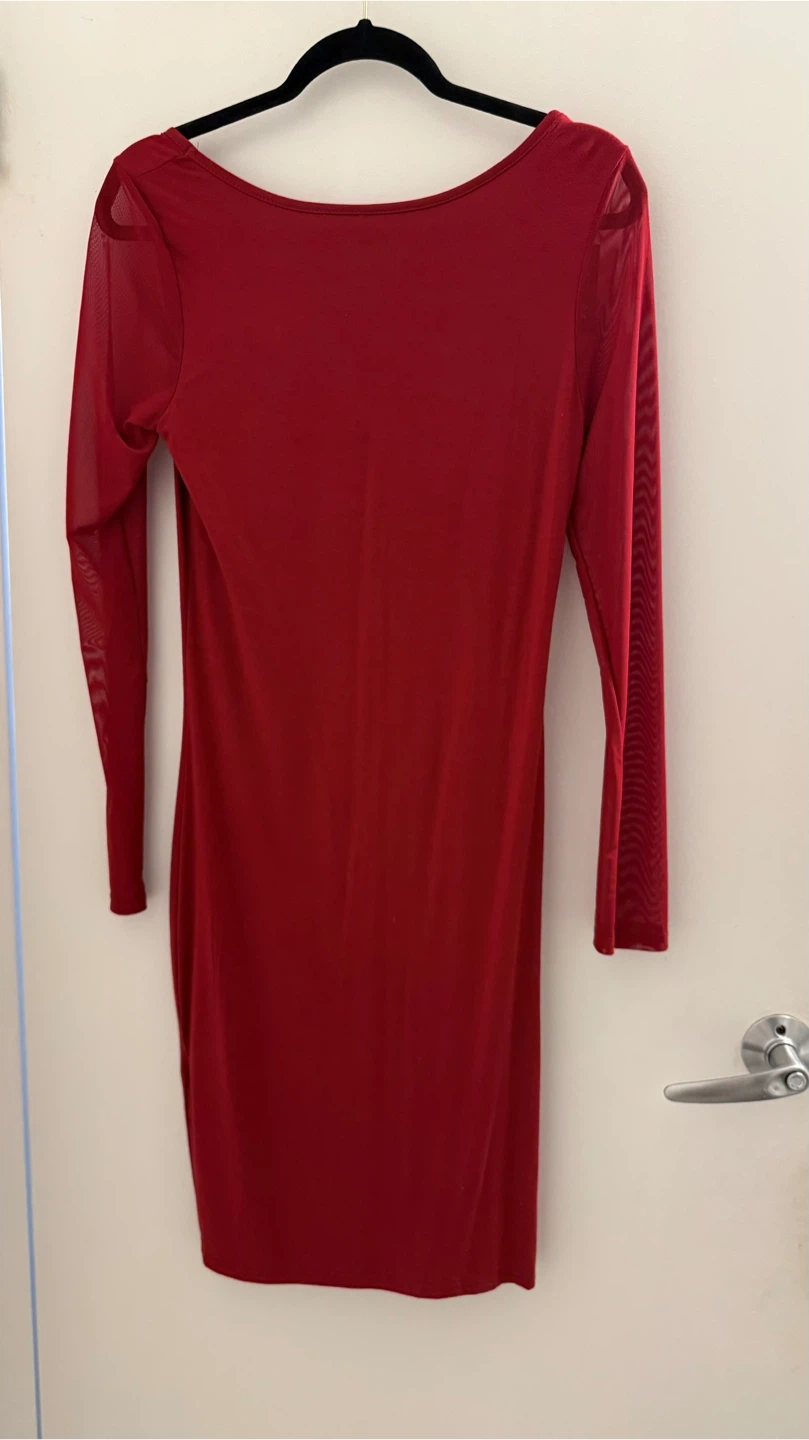 Women's Red Long Sleeve Sheer Mesh Dress - photo 2