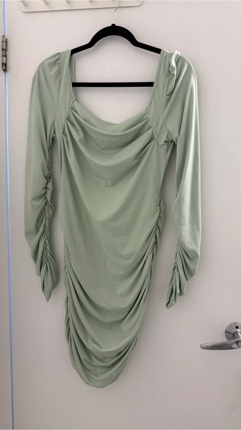Sage Ruched Long Sleeve Mini Dress