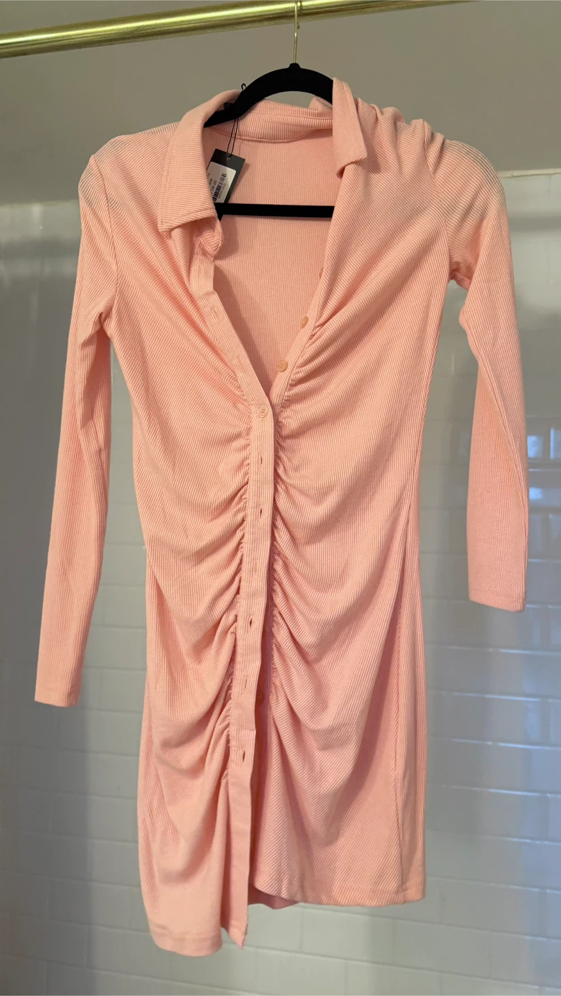 Pink Ribbed Ruched Button-Up Dress