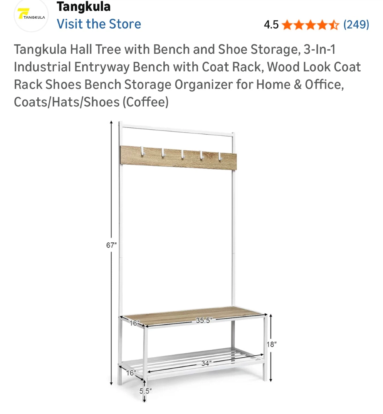 TangKula 3-In-1 Hall Tree with Bench and Shoe Storage