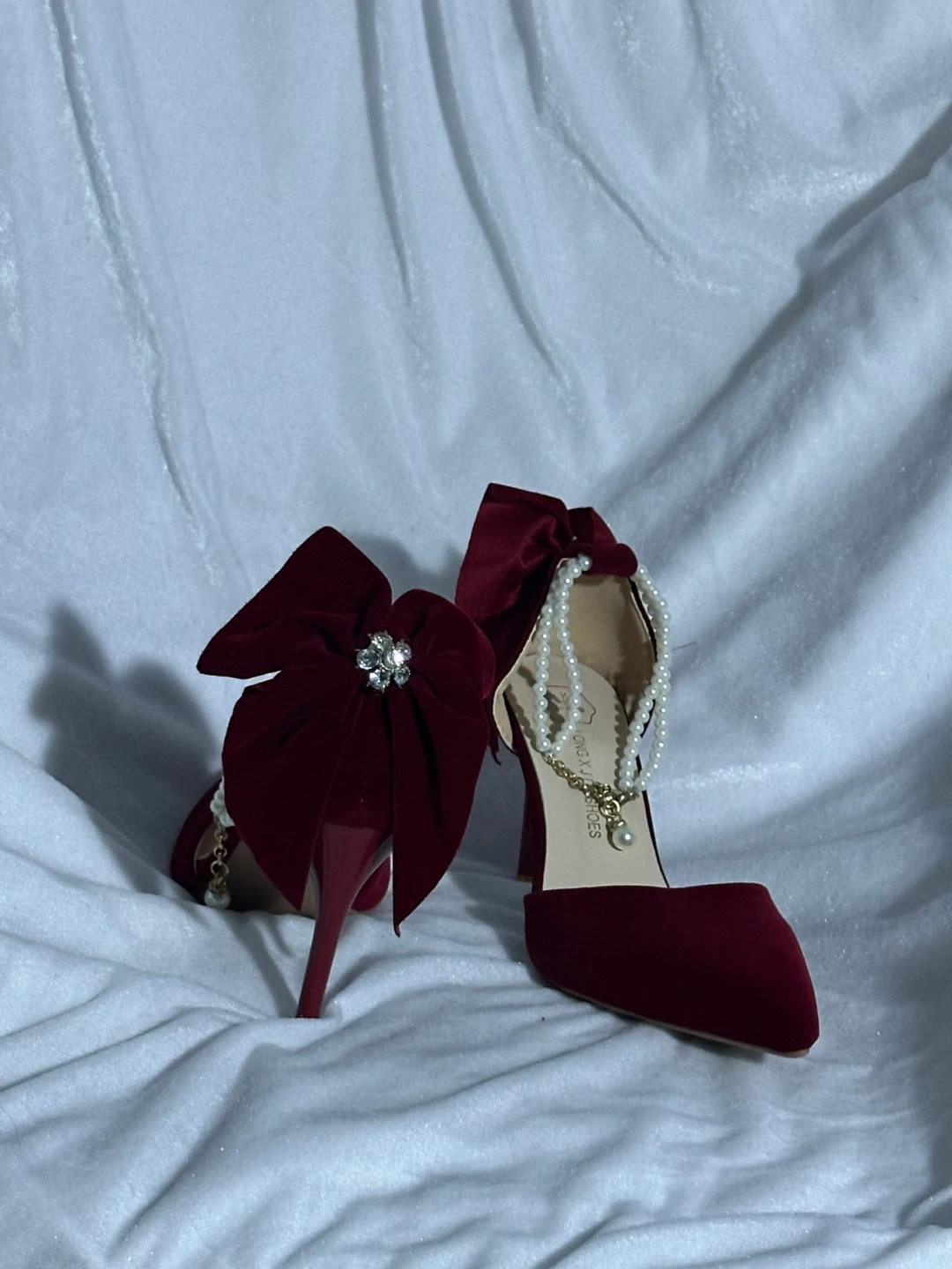 Burgundy Velvet Heels with Pearl Ankle Straps and Bows