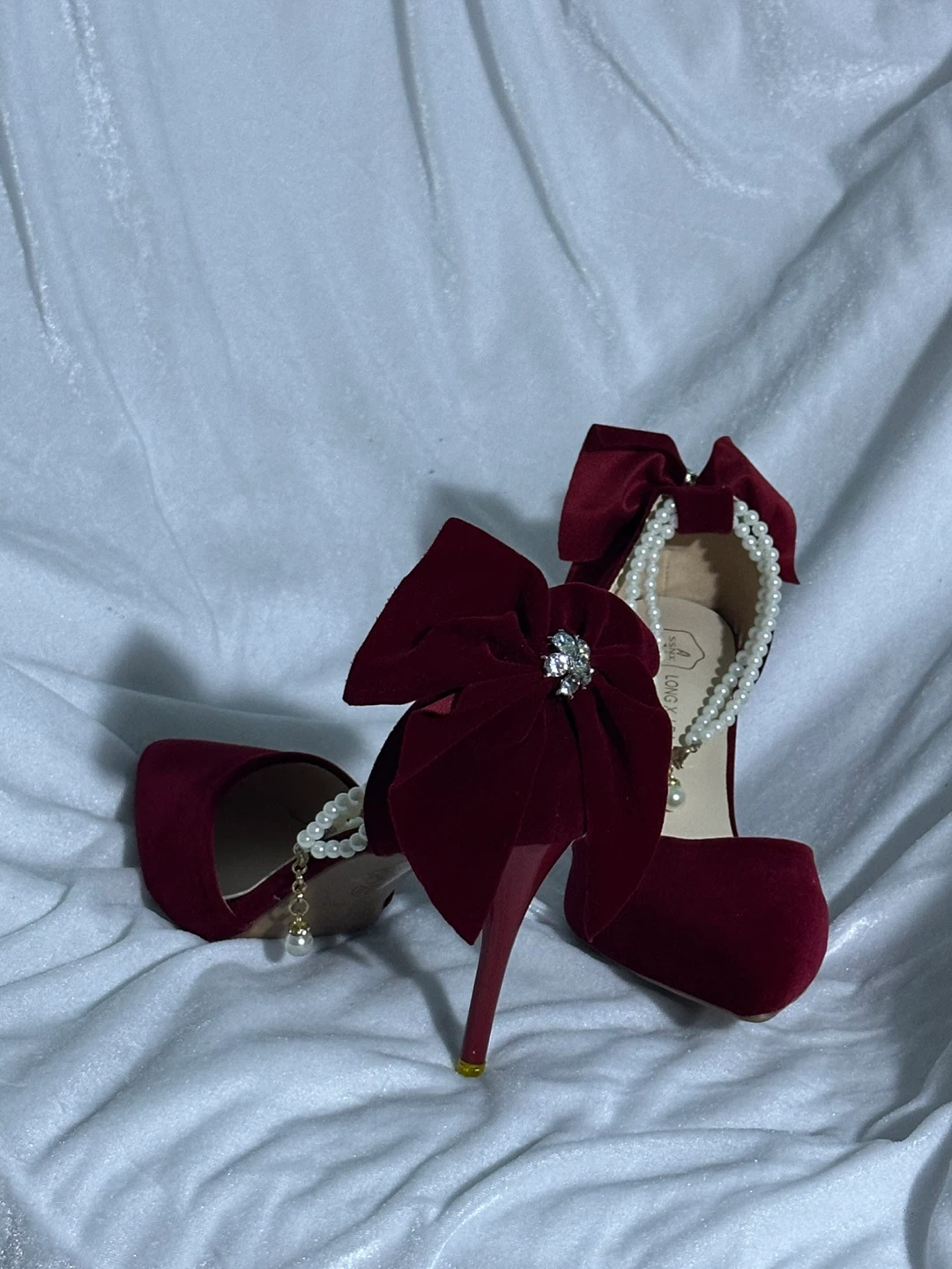 Burgundy Velvet Heels with Pearl Ankle Straps and Bows - photo 3