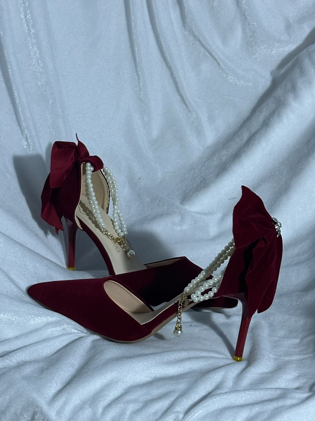 Burgundy Velvet Heels with Pearl Ankle Straps and Bows - photo 2