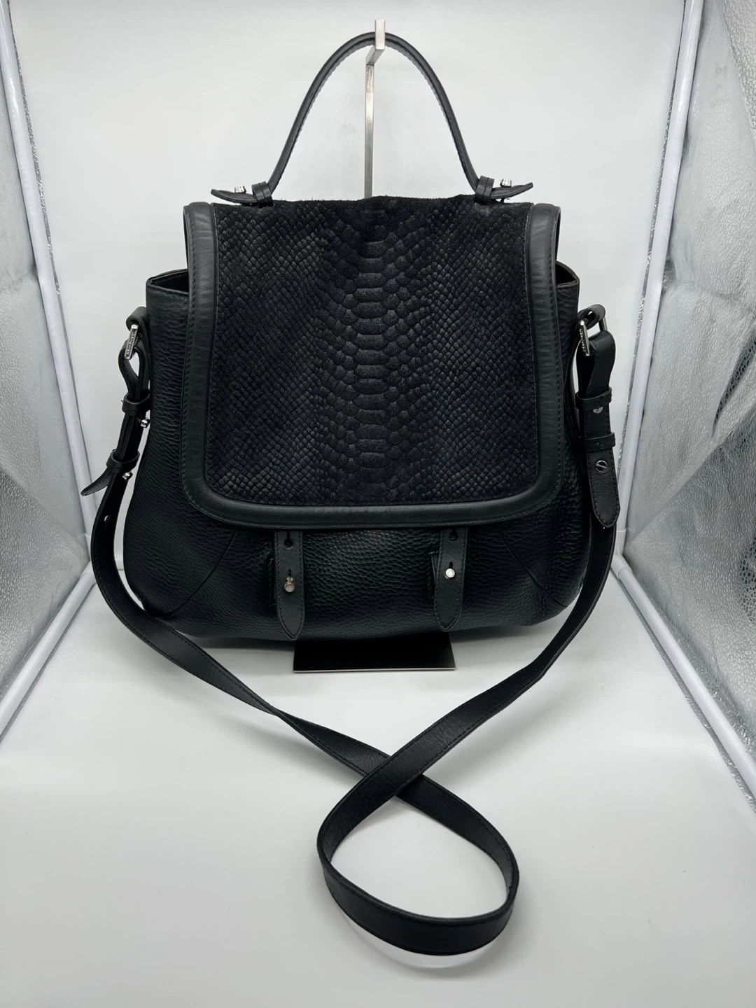 MACKAGE Carrie Black Embossed Leather Large Messenger Crossbody
