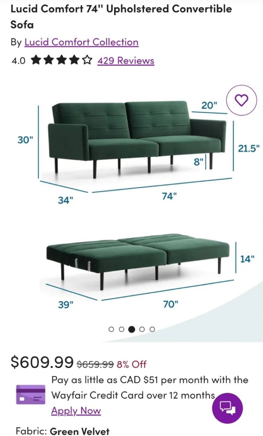 Lucid Comfort 74” Convertible Sofa - Green Velvet