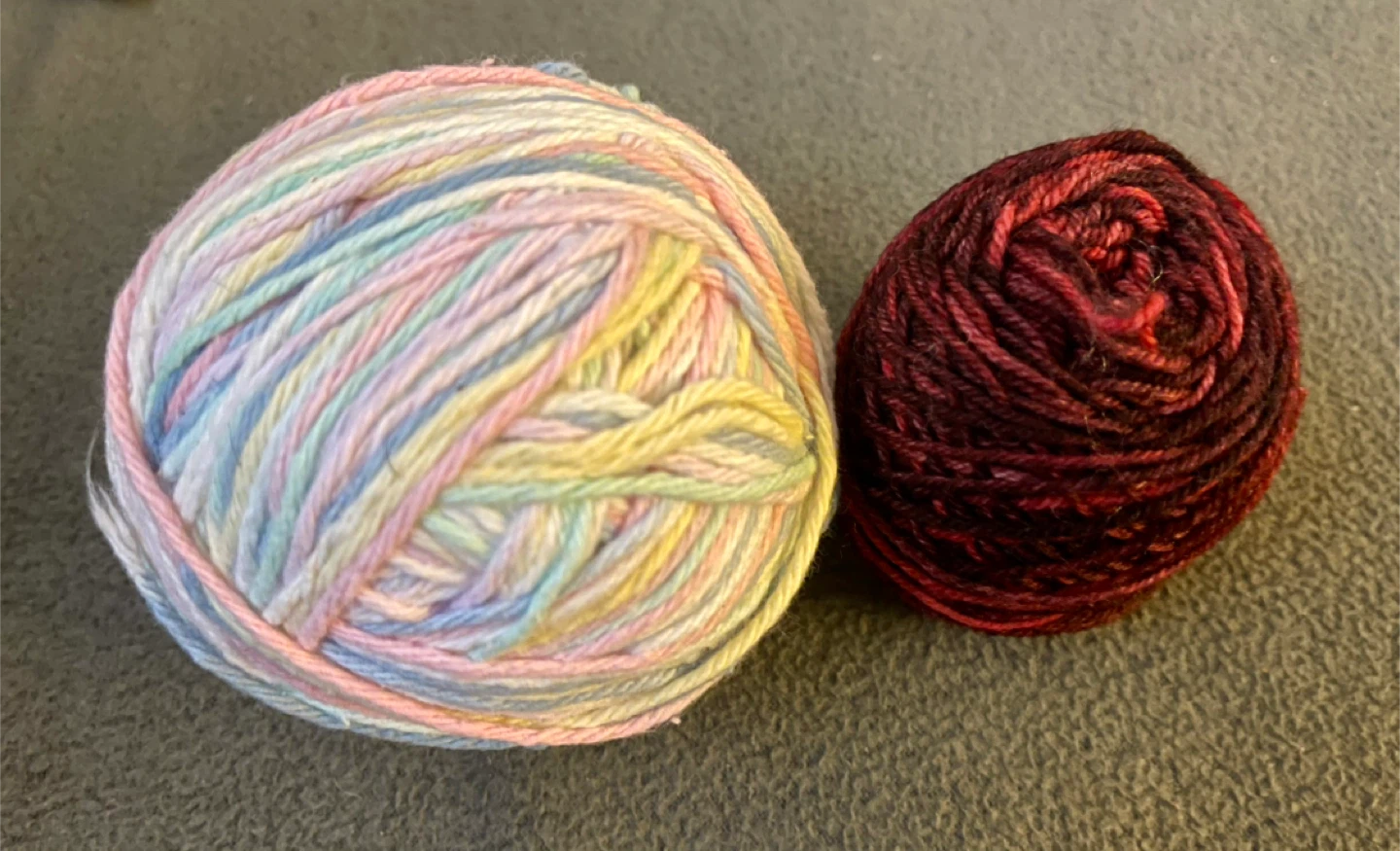 Two Balls of Yarn - Pastel Multi-colour and Burgundy