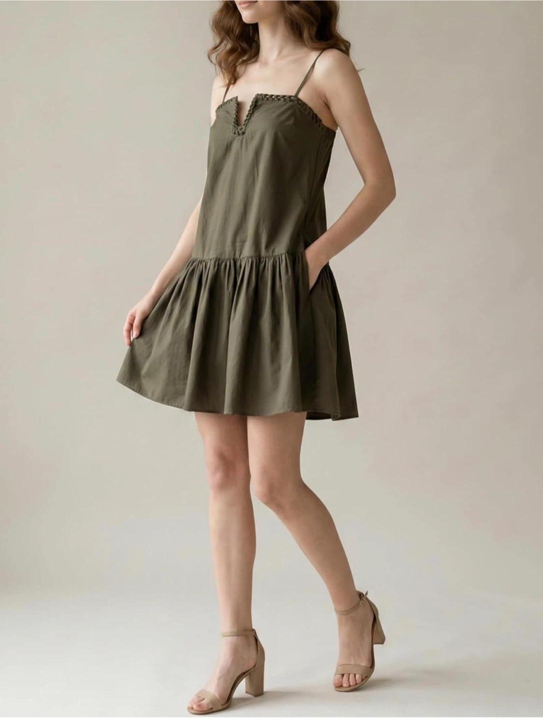 NEW! MASKAZU Olive Green Classy Mini Slip Dress with Pockets - photo 3