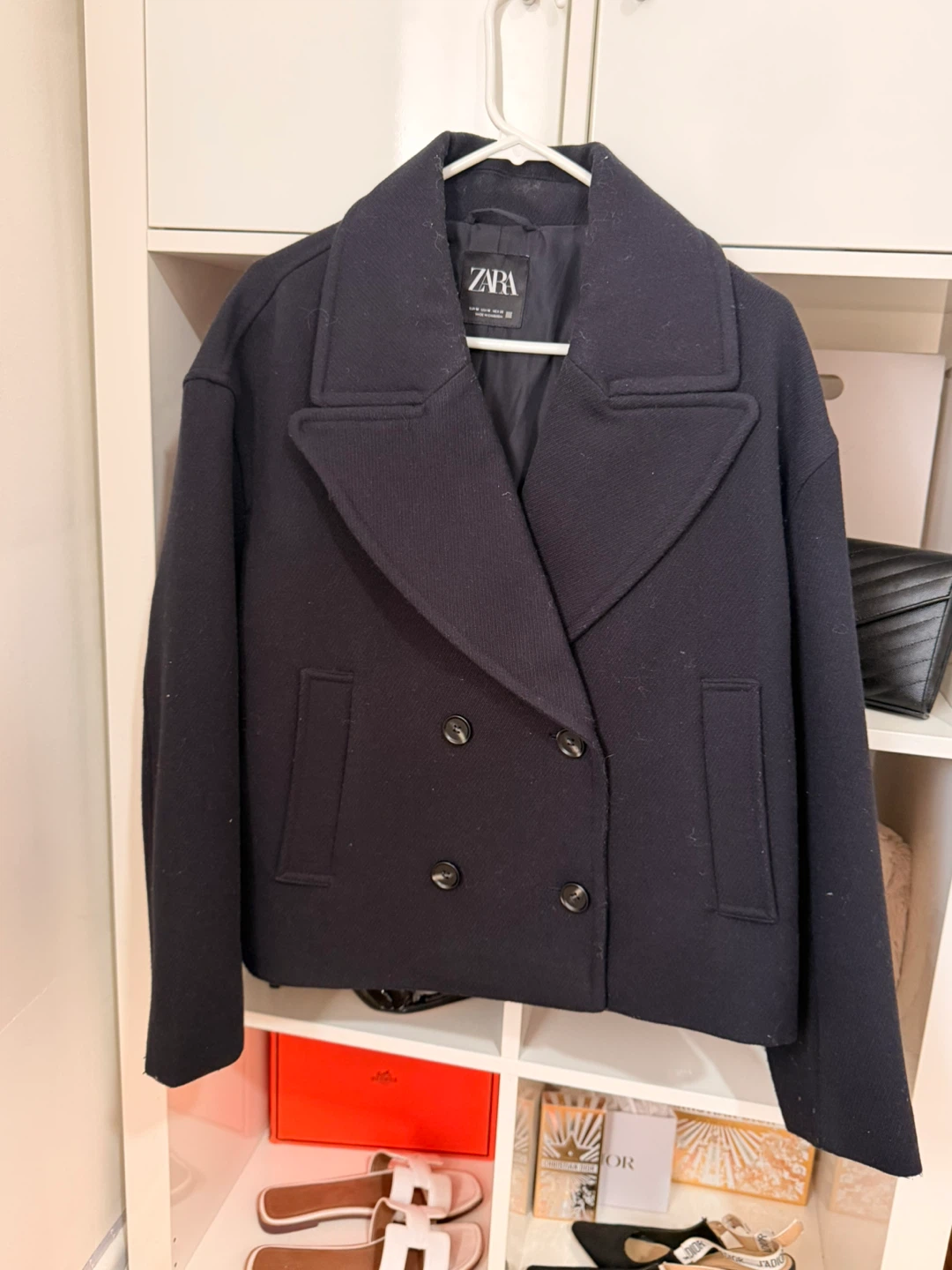 Zara Navy Double-Breasted Cropped Jacket - Size M