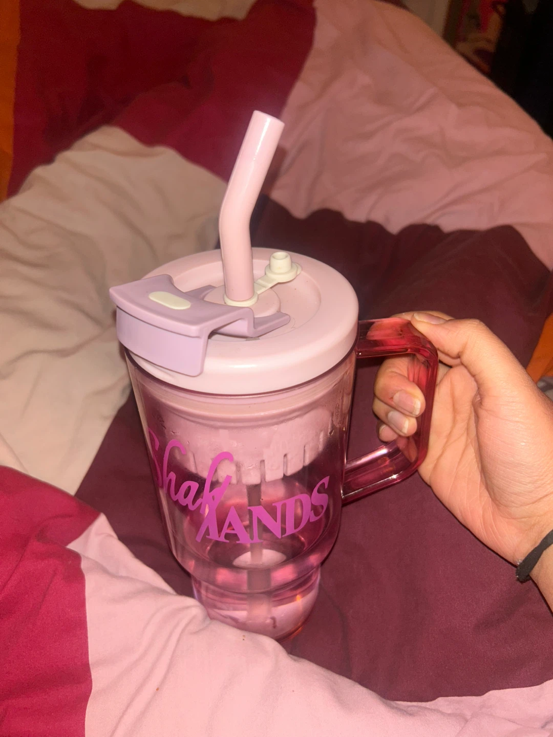 Pink Tumbler with Handle and Straw