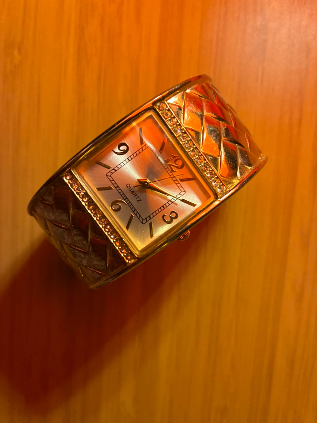 Gold Tone Woven Cuff Watch with Rhinestones