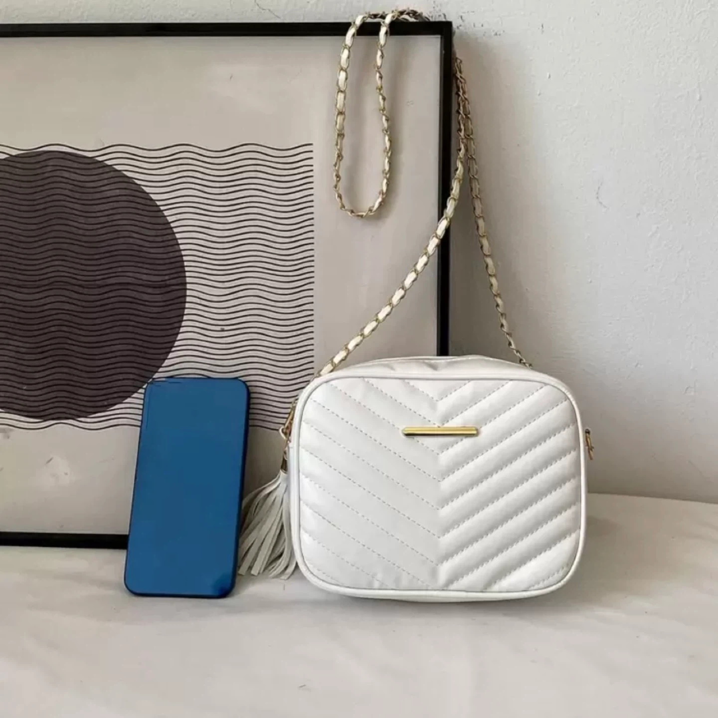 White Quilted Crossbody Bag with Gold Chain Strap - photo 3