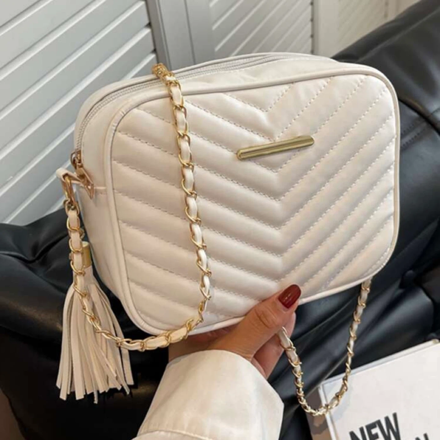 White Quilted Crossbody Bag with Gold Chain Strap
