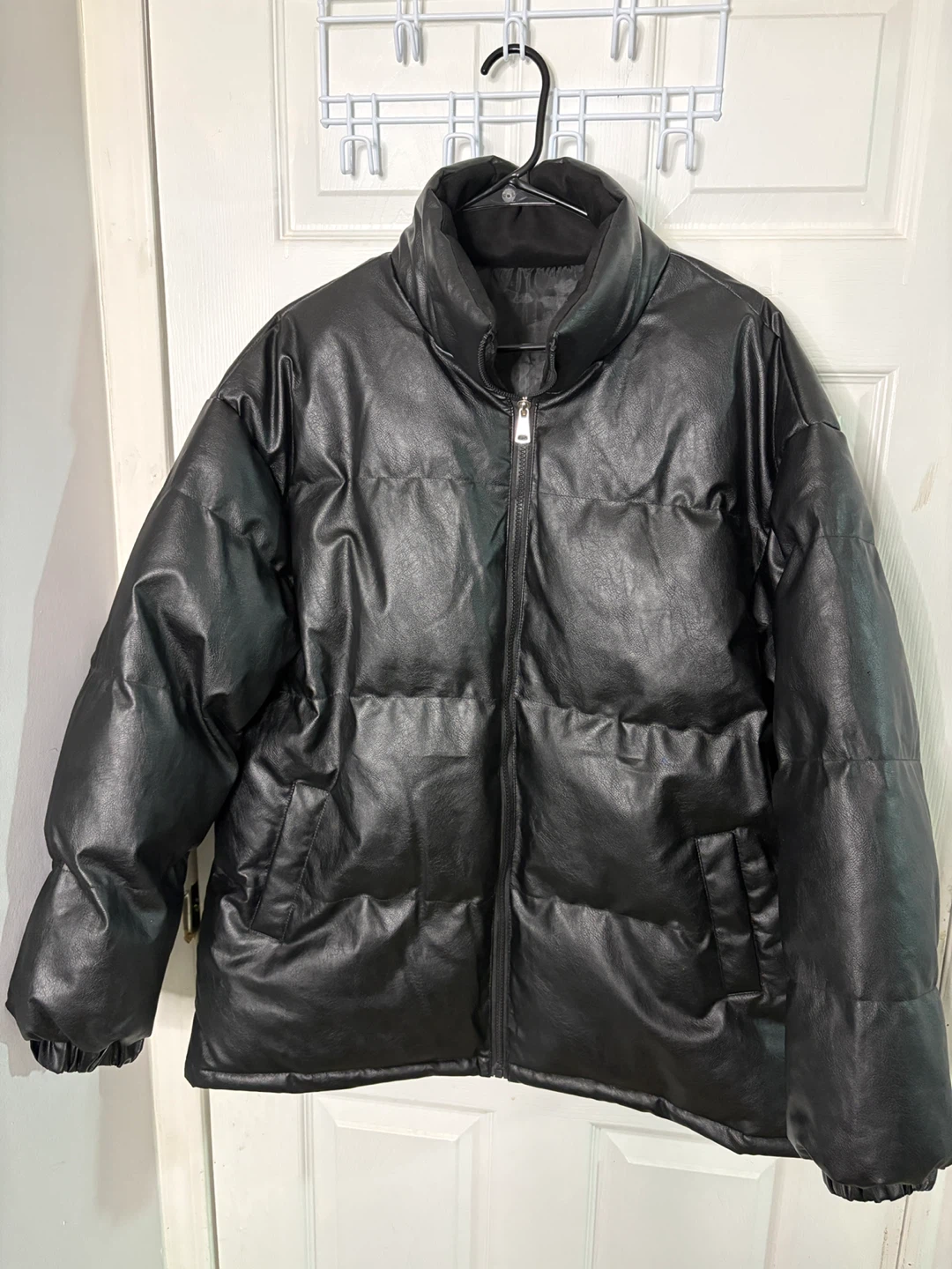 Black Faux Leather Puffer Jacket - Size L