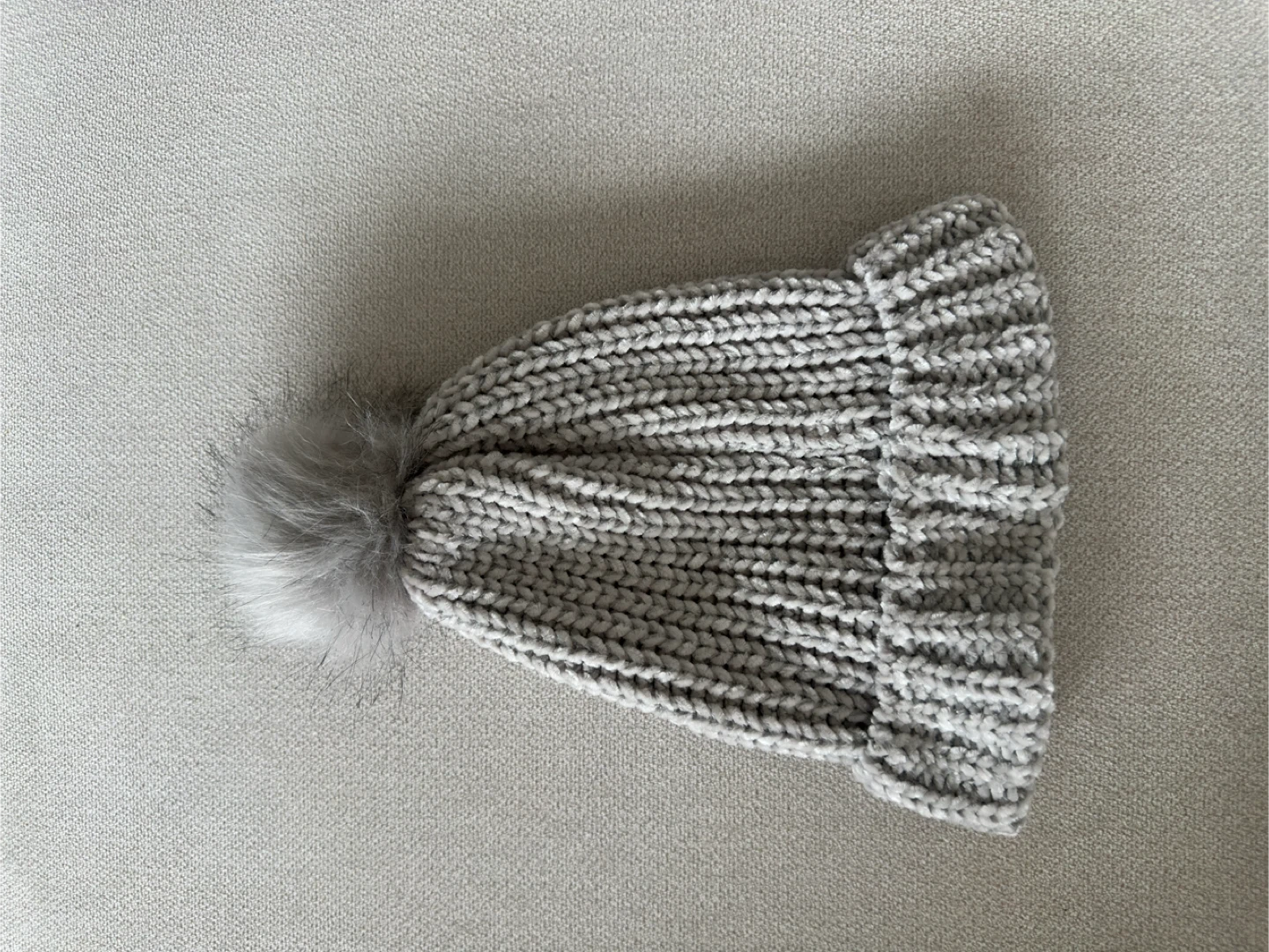 Grey Knit Beanie with Pom Pom