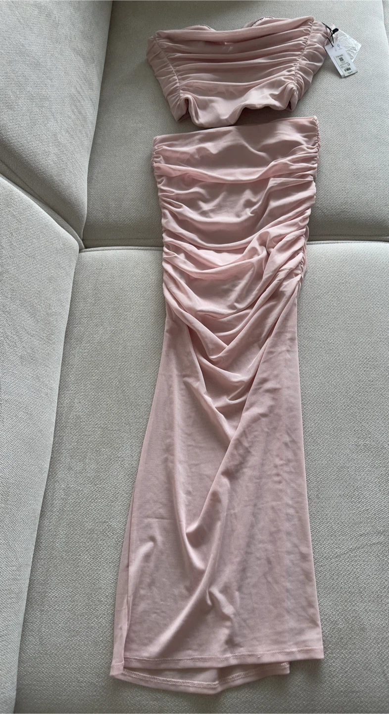 Pink Ruched Strapless Bodycon Top and Skirt Set - photo 2