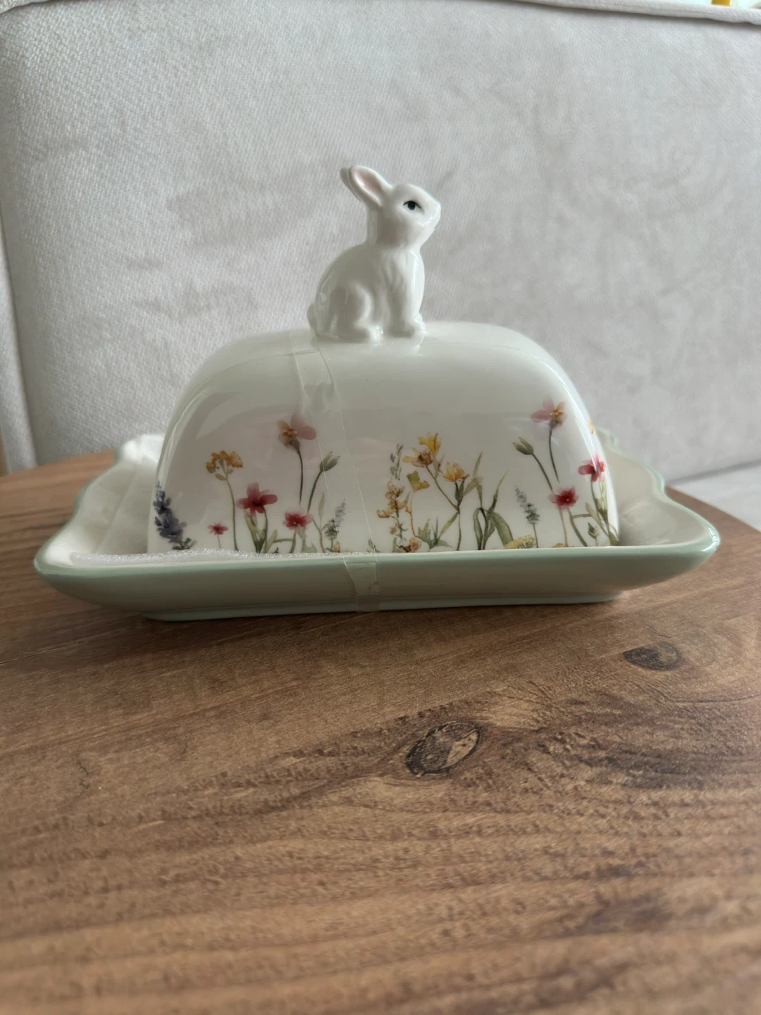 Ceramic Butter Dish with Bunny and Floral Design