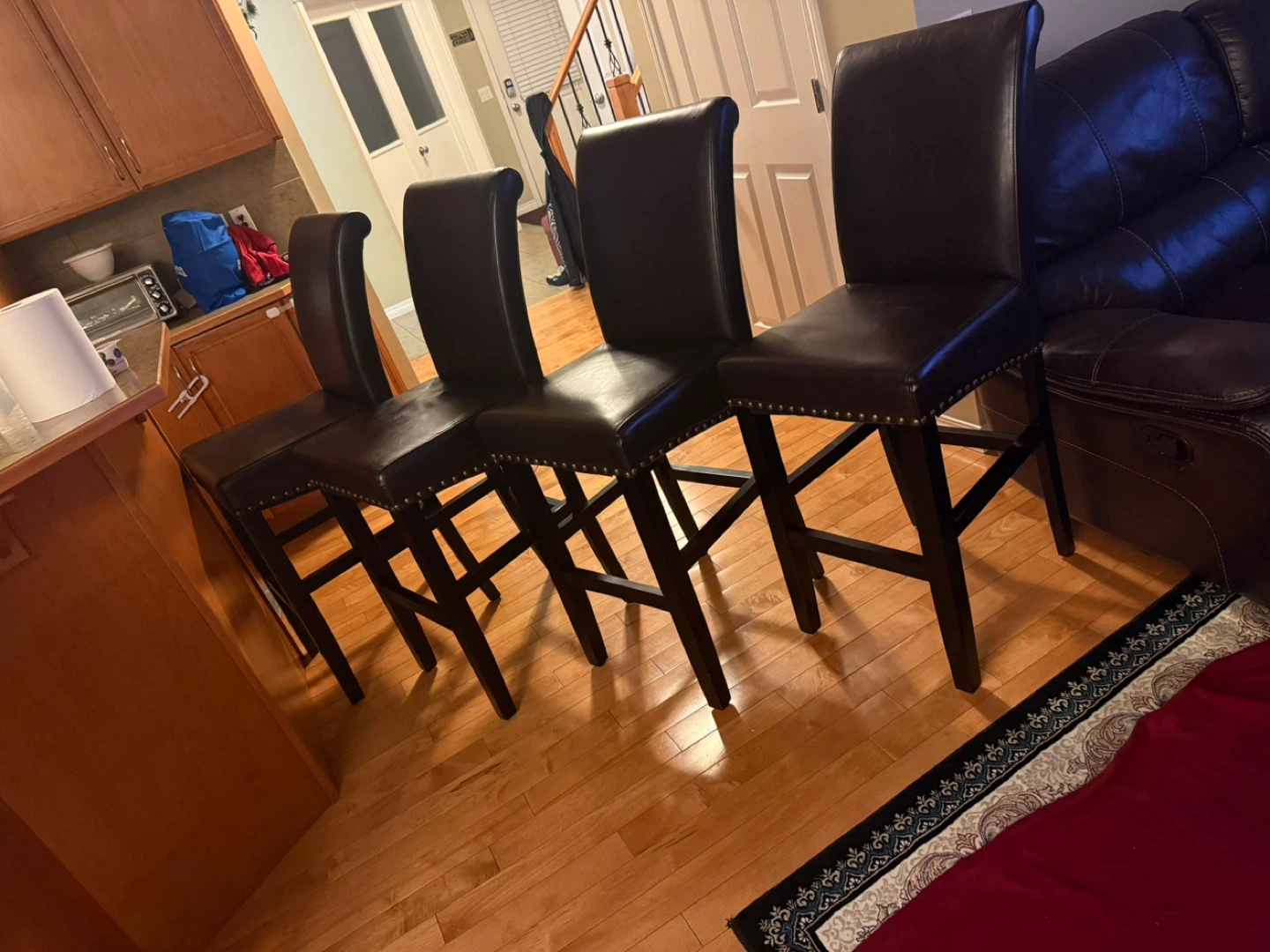 Set of 4 Dark Brown Bar Stools with Nailhead Trim