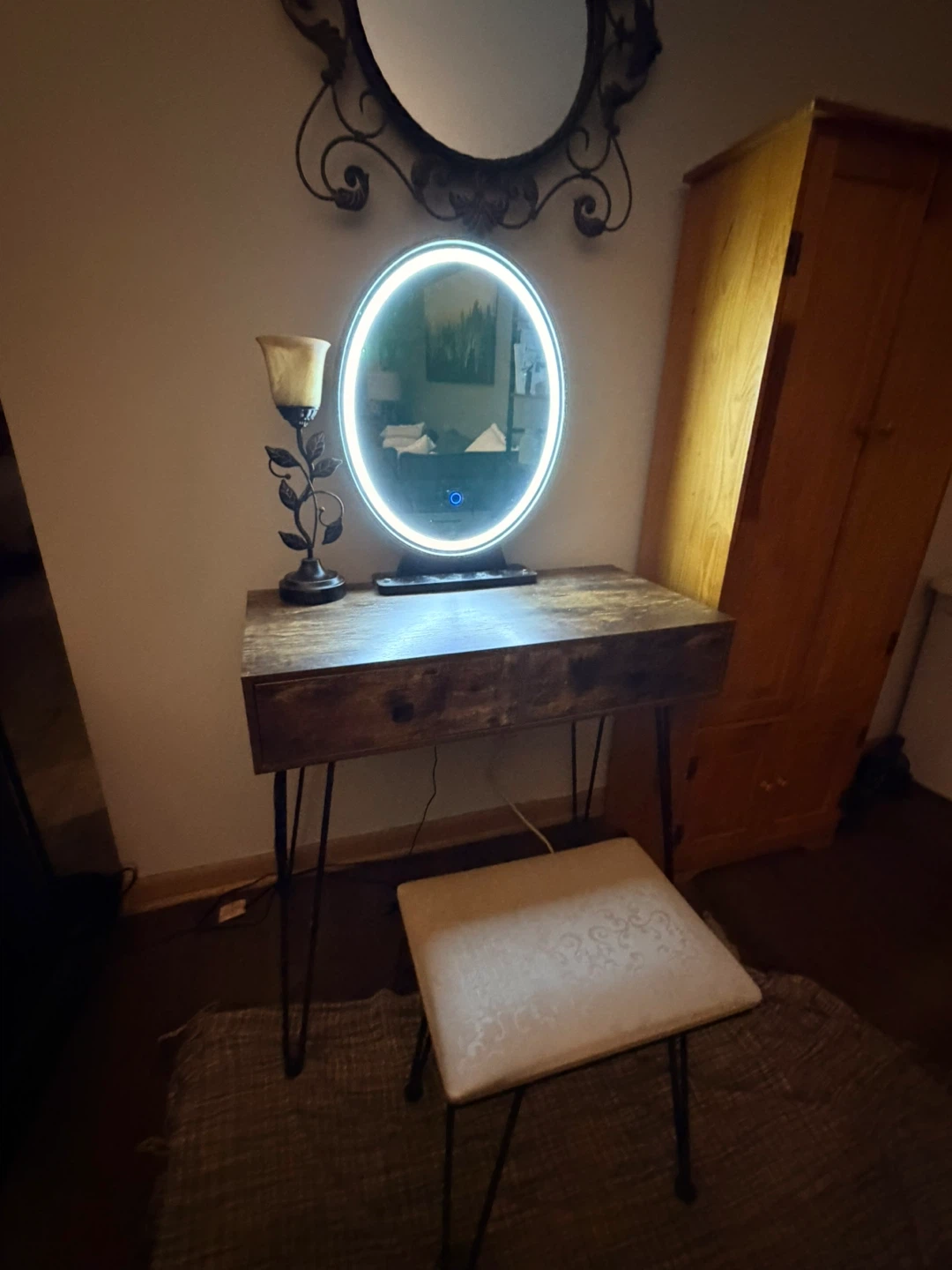 Vanity Desk with Light-Up Mirror and Stool