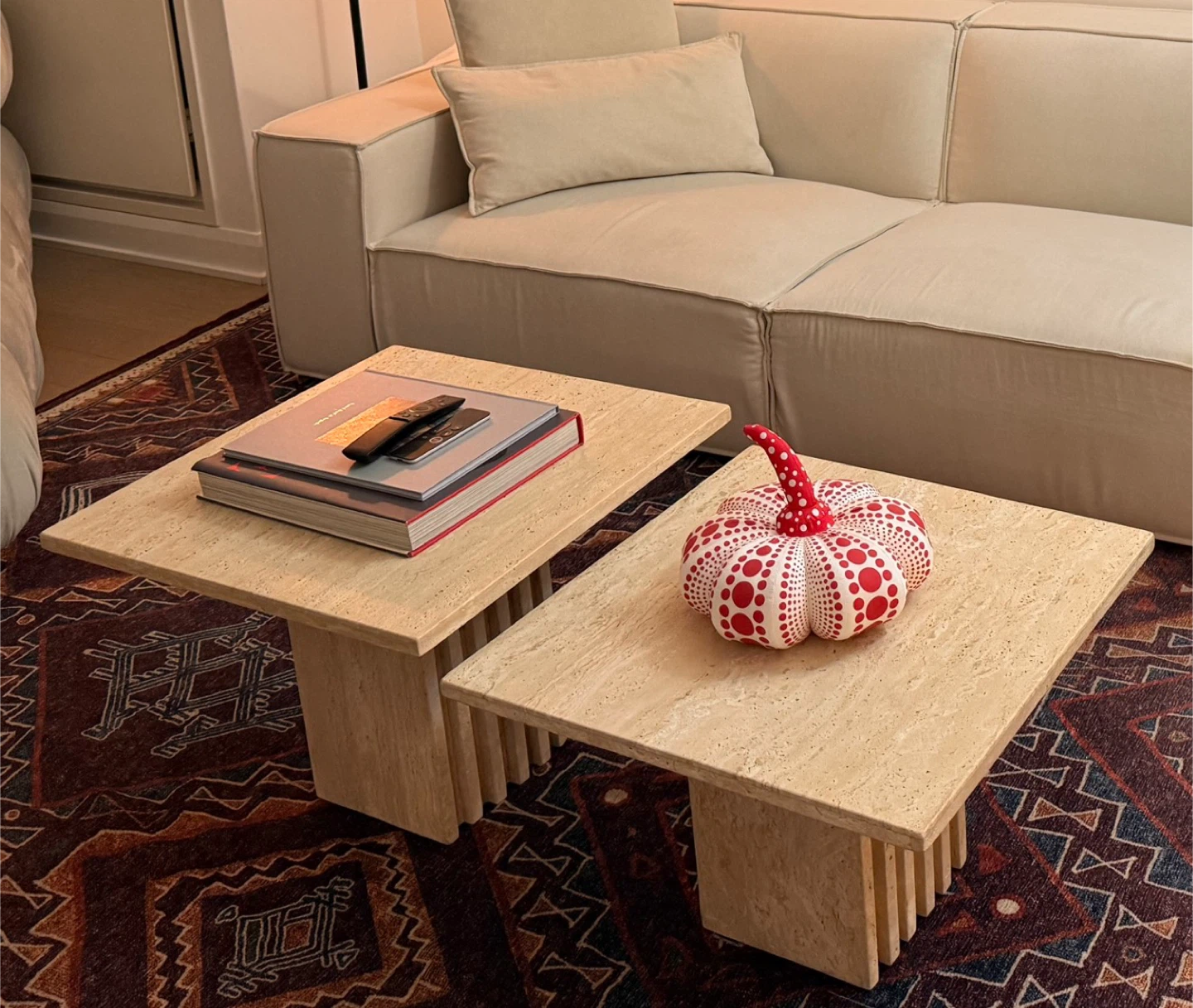 Travertine Pedestal Coffee Tables - Set of 2