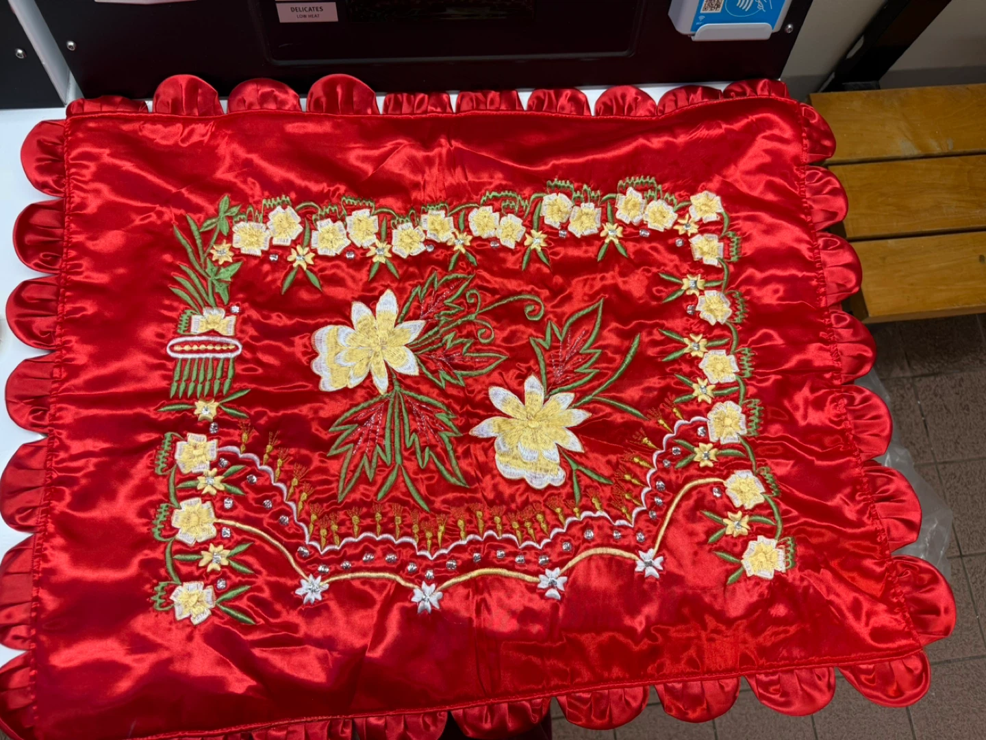 Red Satin Placemats with Floral Embroidery Set of 4