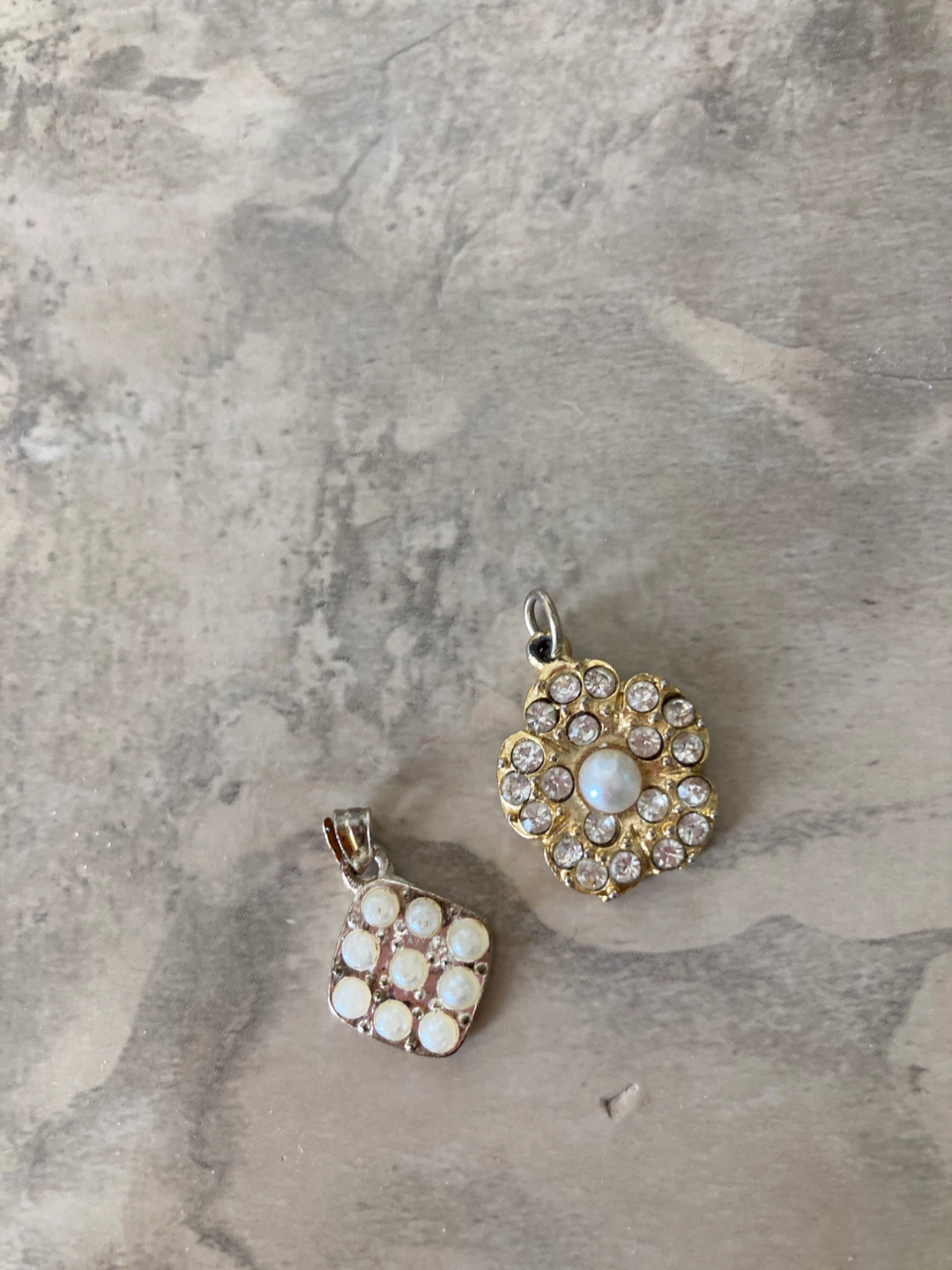 Two Pendants: Flower with pearl and crystals, Square with opals