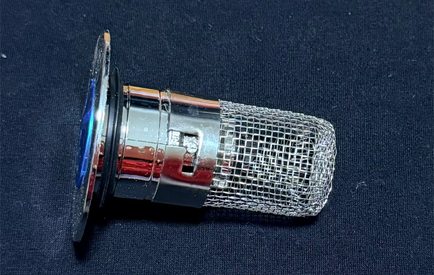 Chrome Mesh Drain Stopper with Blue Accent