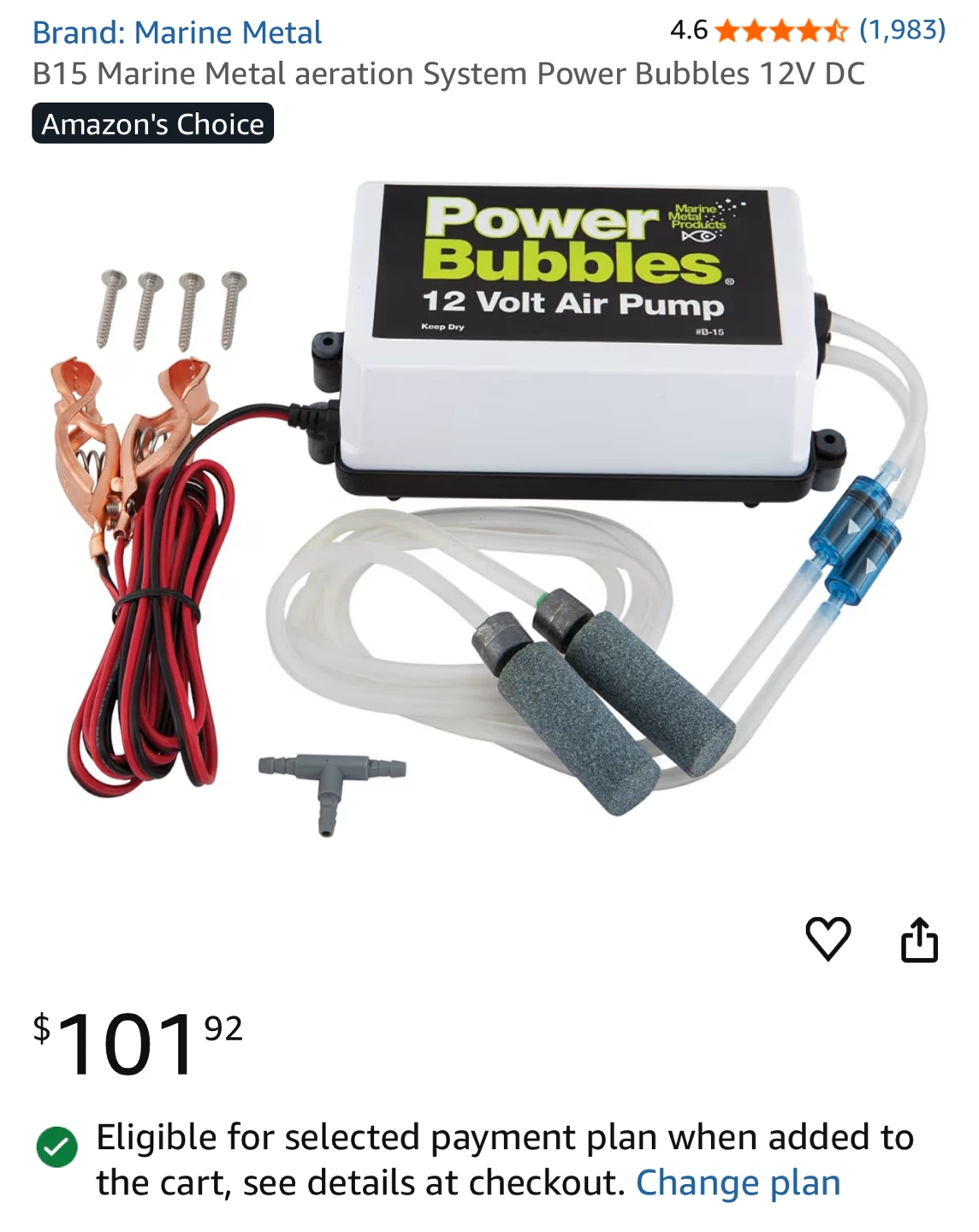 Marine Metal B15 Aeration System Power Bubbles 12V DC Air Pump