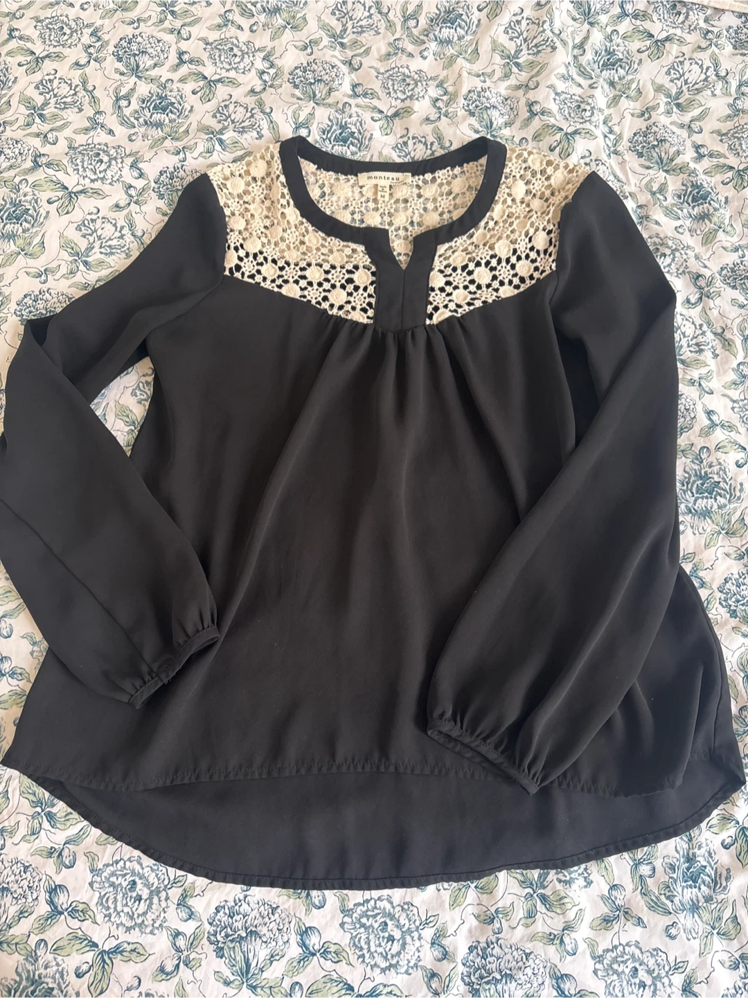 Black Crochet Long Sleeve Blouse - Medium
