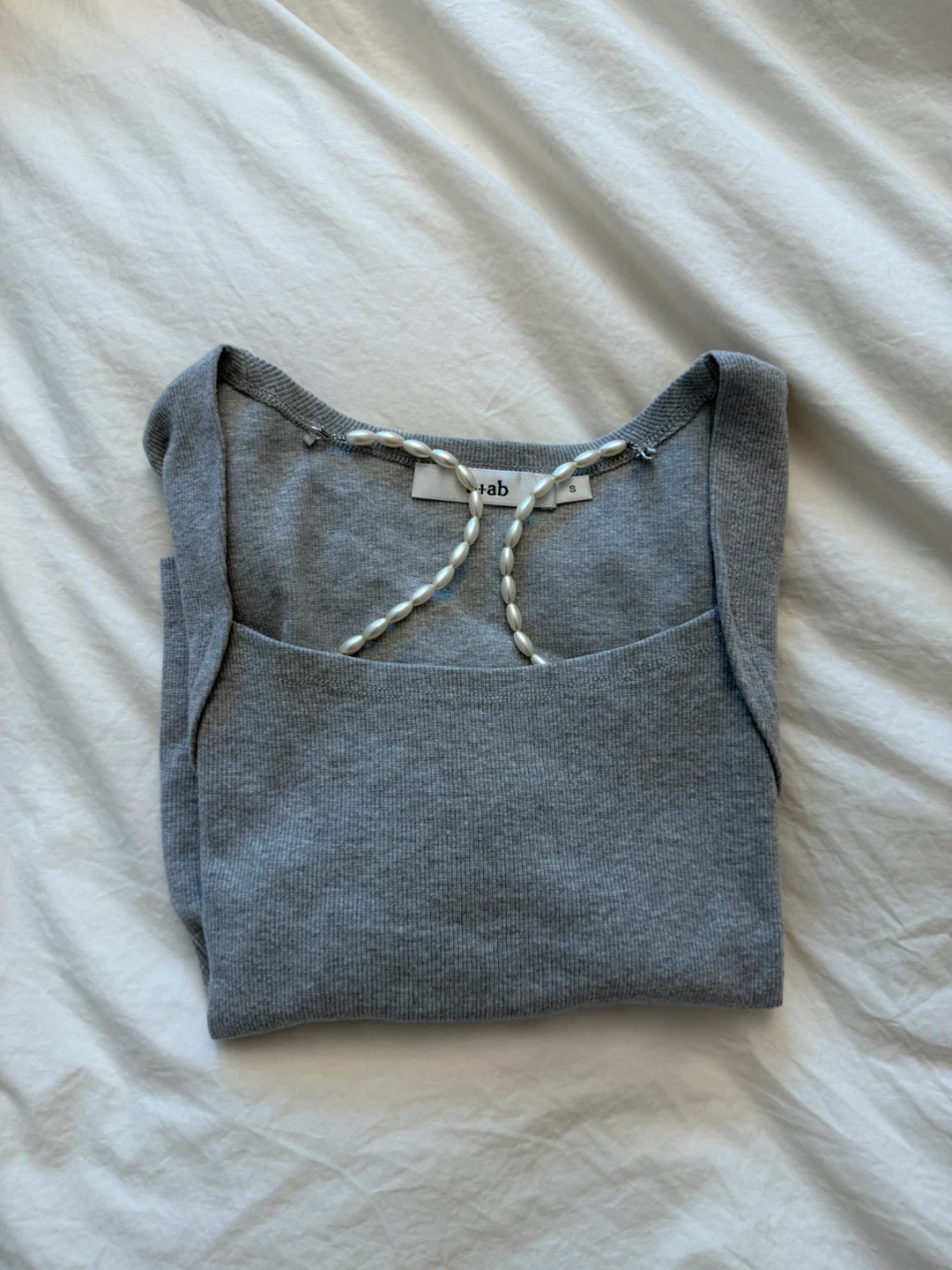 Grey Ribbed Square Neck Top with Pearl Detail - Size S - photo 2