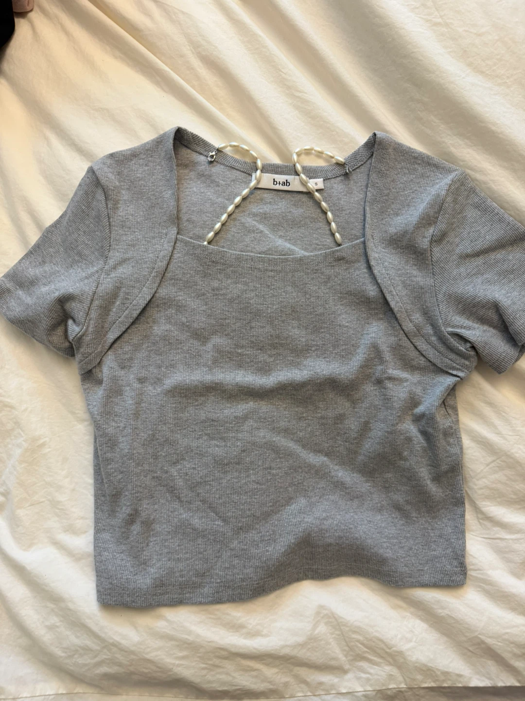 Grey Ribbed Square Neck Top with Pearl Detail - Size S