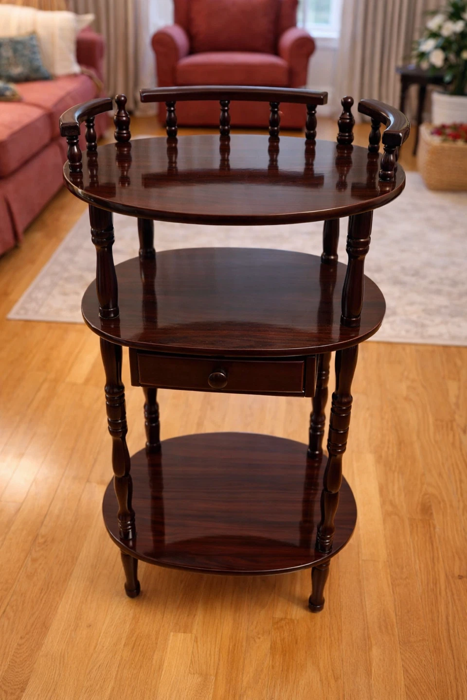Dark Wood Tiered Side Table with Drawer