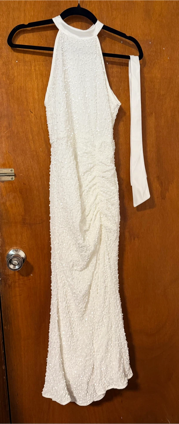 White Sequin Halter Neck Maxi Dress