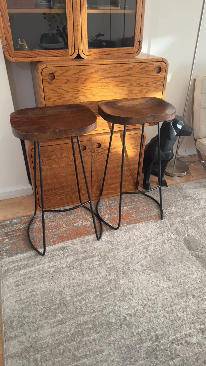 Set of 2 Wooden Bar Stools with Metal Legs