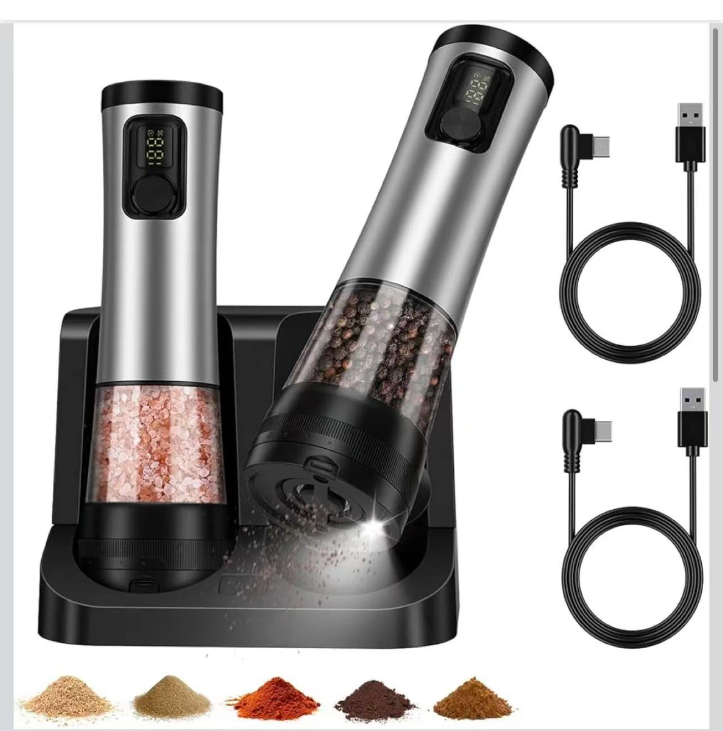 Electric Salt and Pepper Grinder Set with Charging Dock