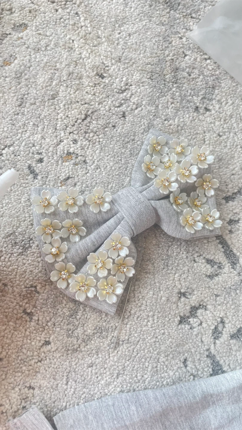 Grey Bow Hair Clip with Flowers and Jewels