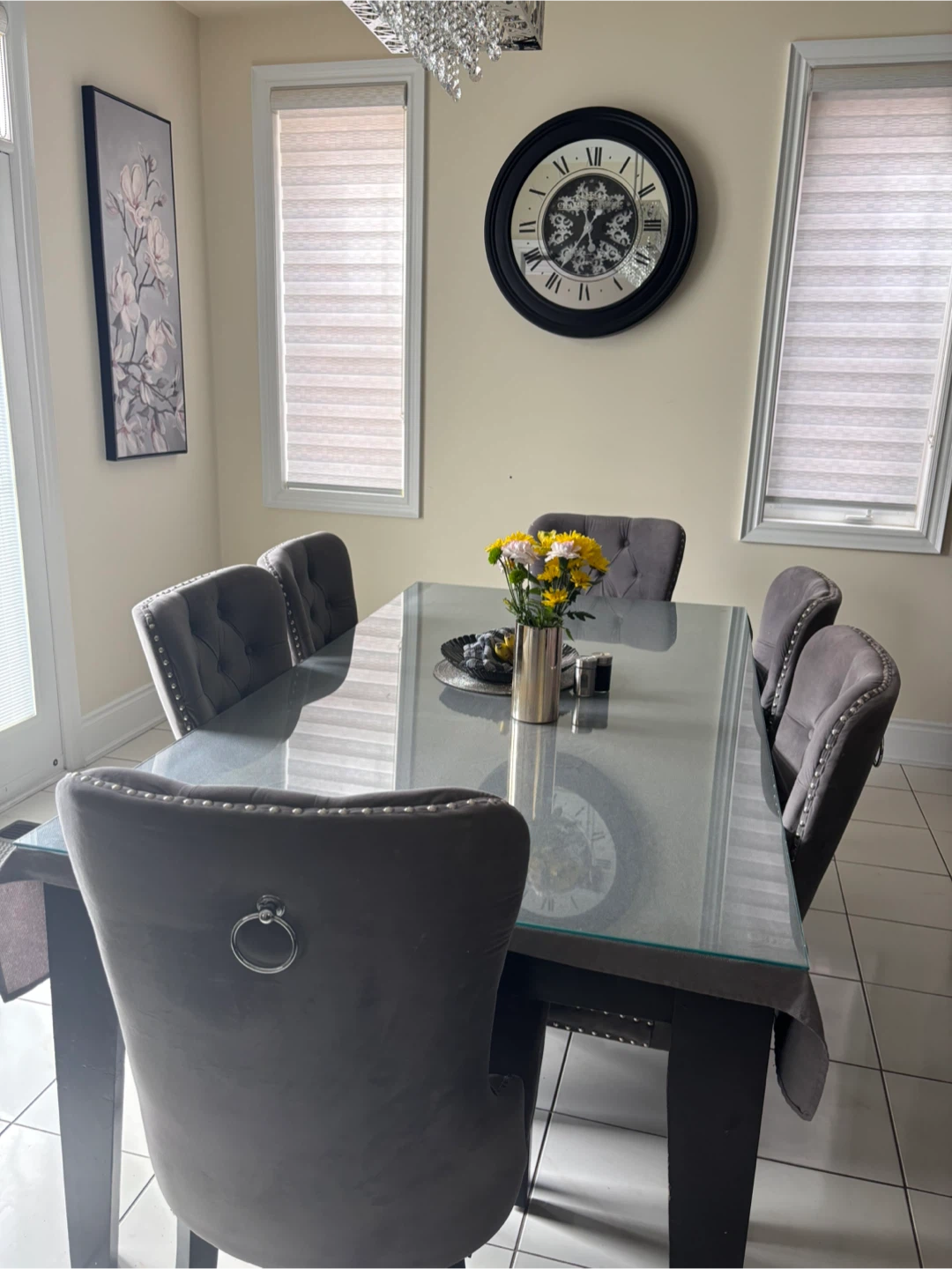 Grey Velvet Dining Chairs with Studded Trim (Set of 6)