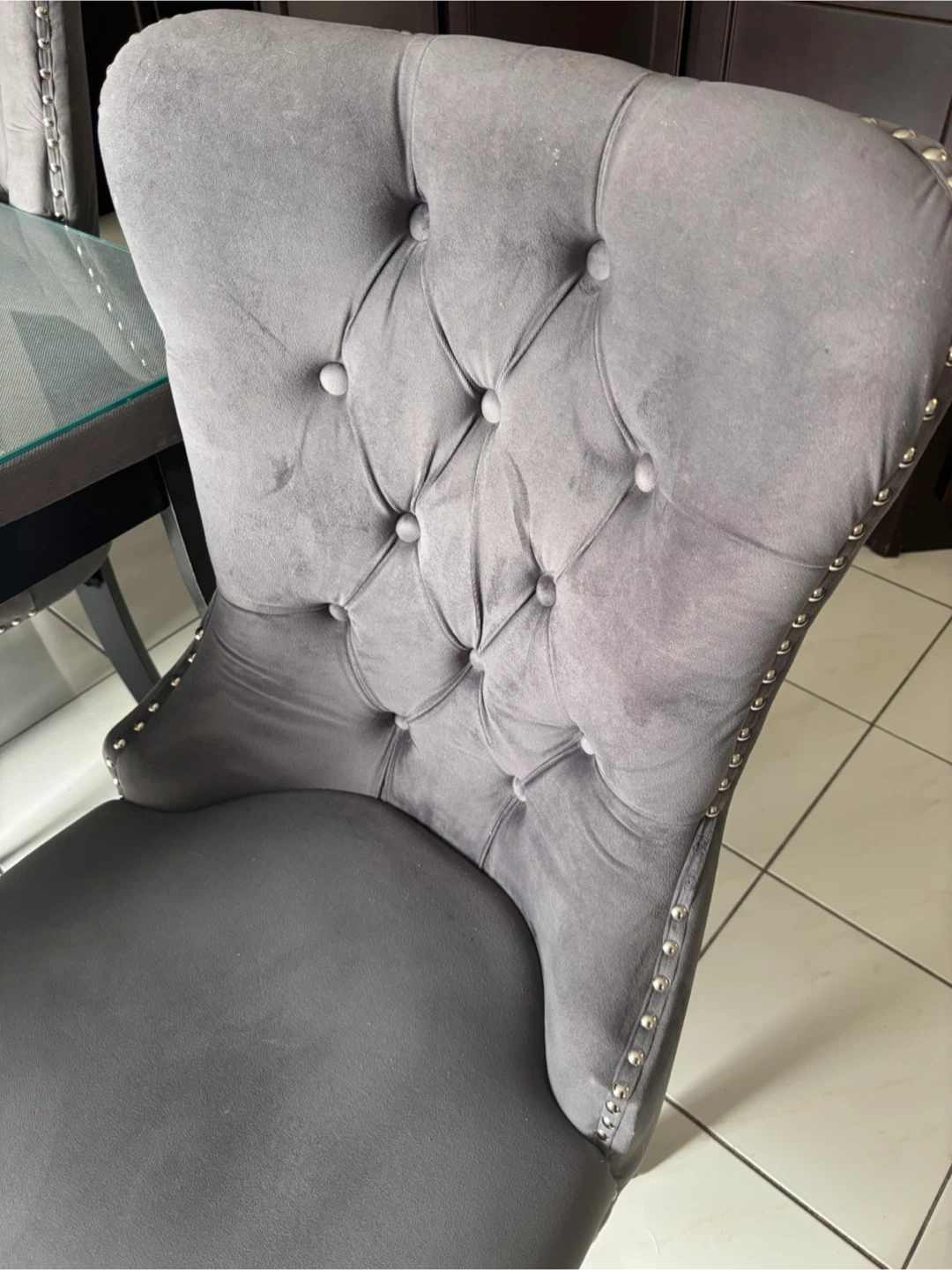 Grey Velvet Dining Chairs with Studded Trim (Set of 6) - photo 4