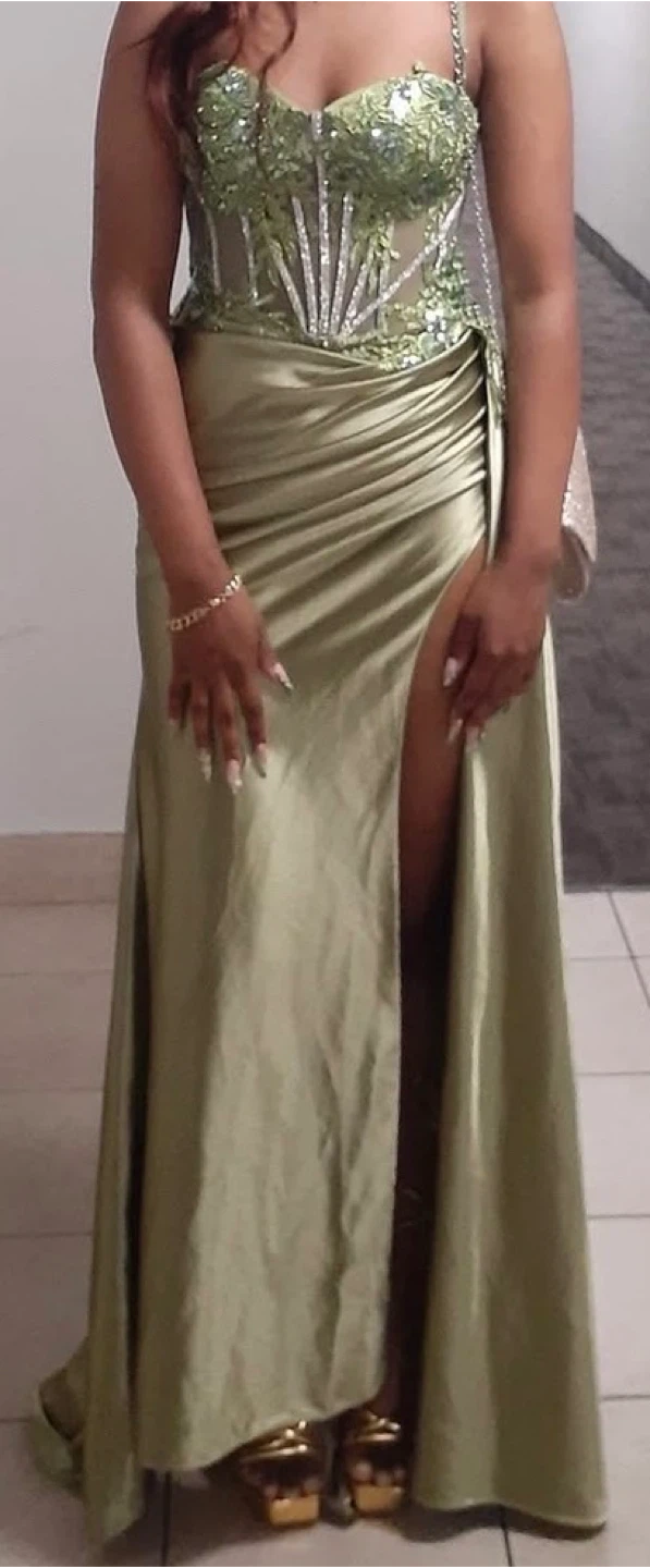 Green Beaded Corset Prom Dress with High Slit Toronto - photo 3