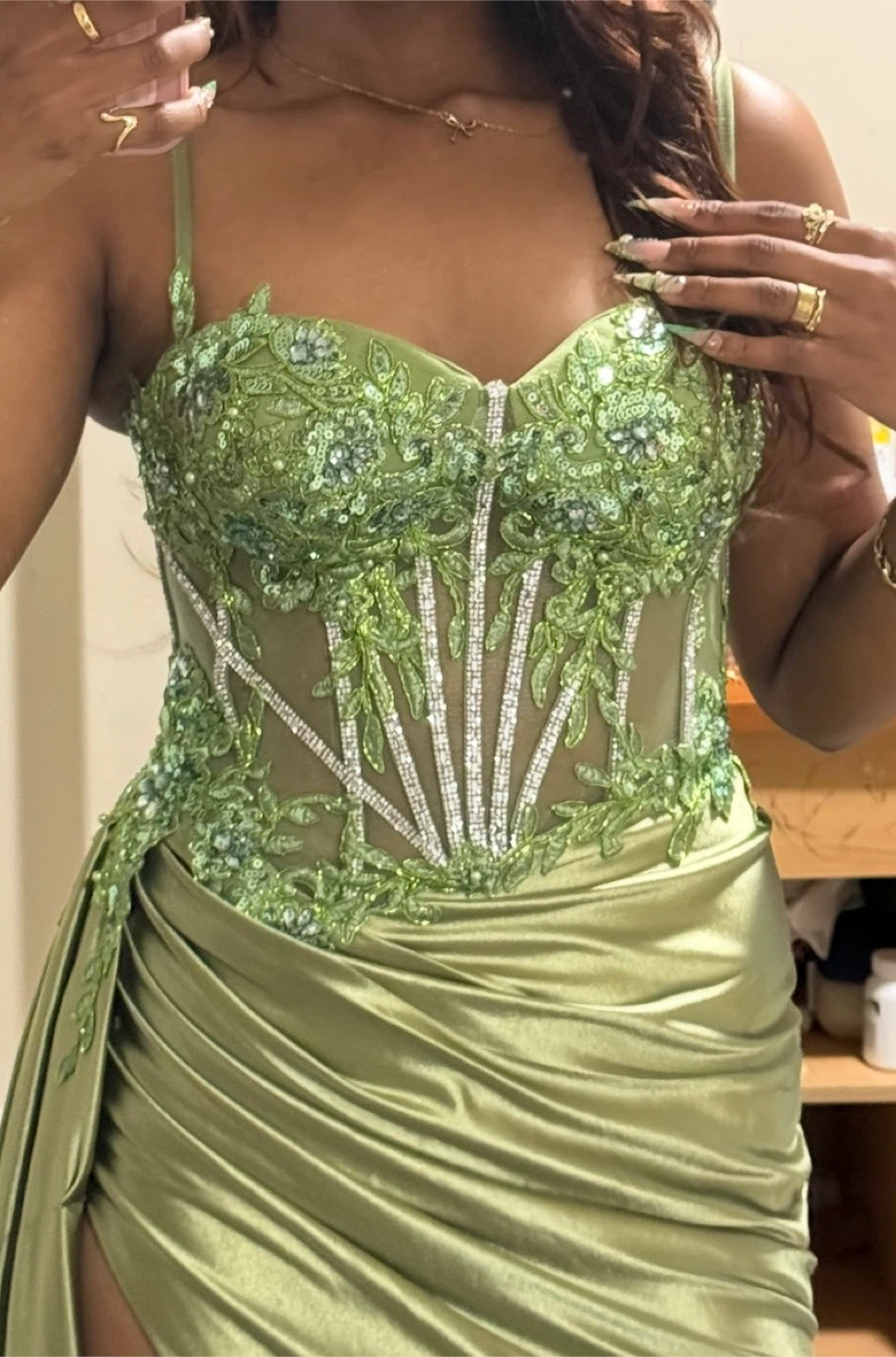 Green Beaded Corset Prom Dress with High Slit Toronto